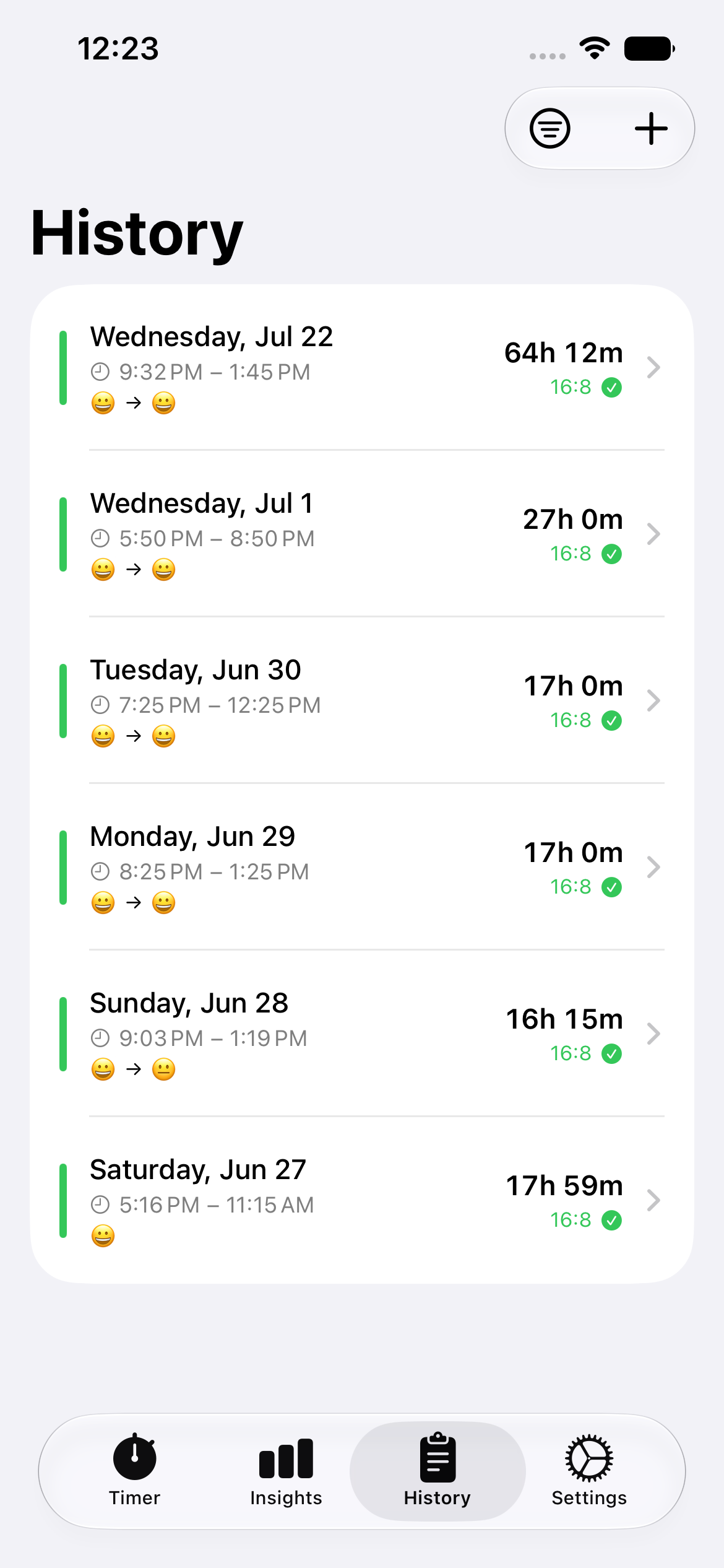 Image of iPhone on the fasting history view for Between